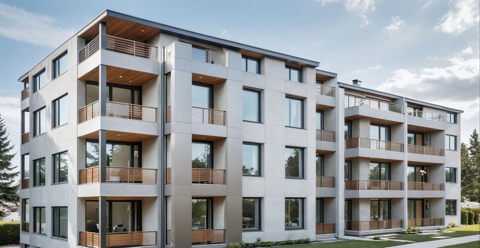 Kanaan 2 in daylight: light grey facade with deep balconies, timber soffits and slatted timber railings