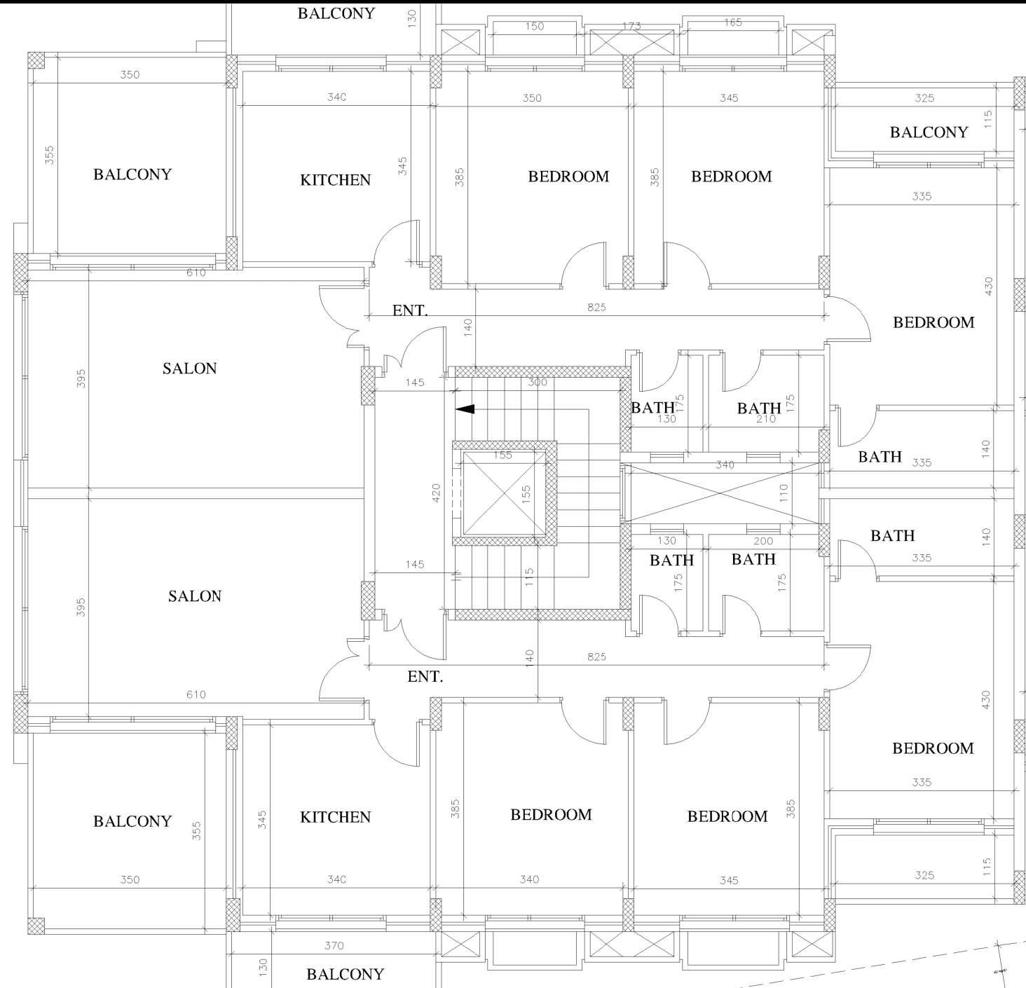 Block A, Typical floor plan (floors 1–3). Dimensions in centimetres.